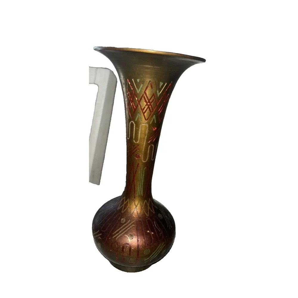 Vintage Brass Vase w/geometric Lines Indian Decoration Marked J.D India 245 M 8